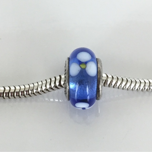 Pandora Blue White Floral Murano Glass Bead Charm .925 Sterling Silver - Picture 2 of 7